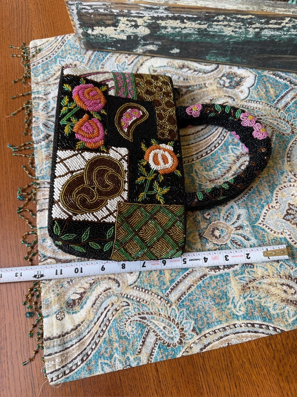 Glass Beaded Top Handle Handbag Floral Paisley Purse Vintage 1980s - Picture 6 of 11